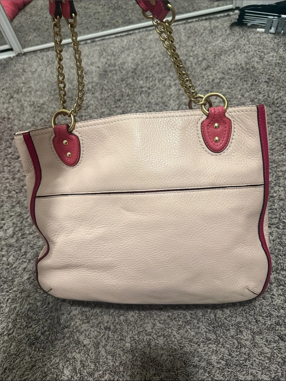 Coach Pink and Cream Leather Tote with Gold Chain Handles
